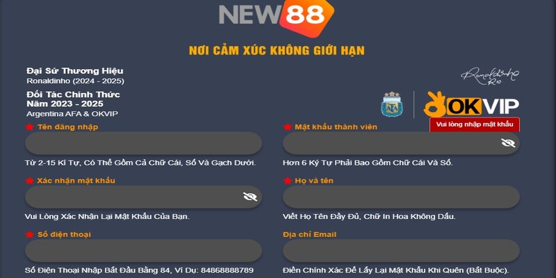 Biểu mẫu chuẩn để đăng ký tài khoản New88